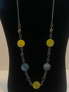 Long Women's Beaded Necklace in Yellow & Blue with Silver Chain